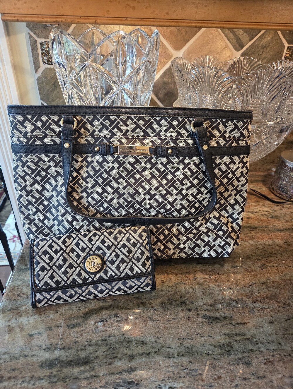 Tommy Hilfiger Black and Cream Geometric Bag And Wallett